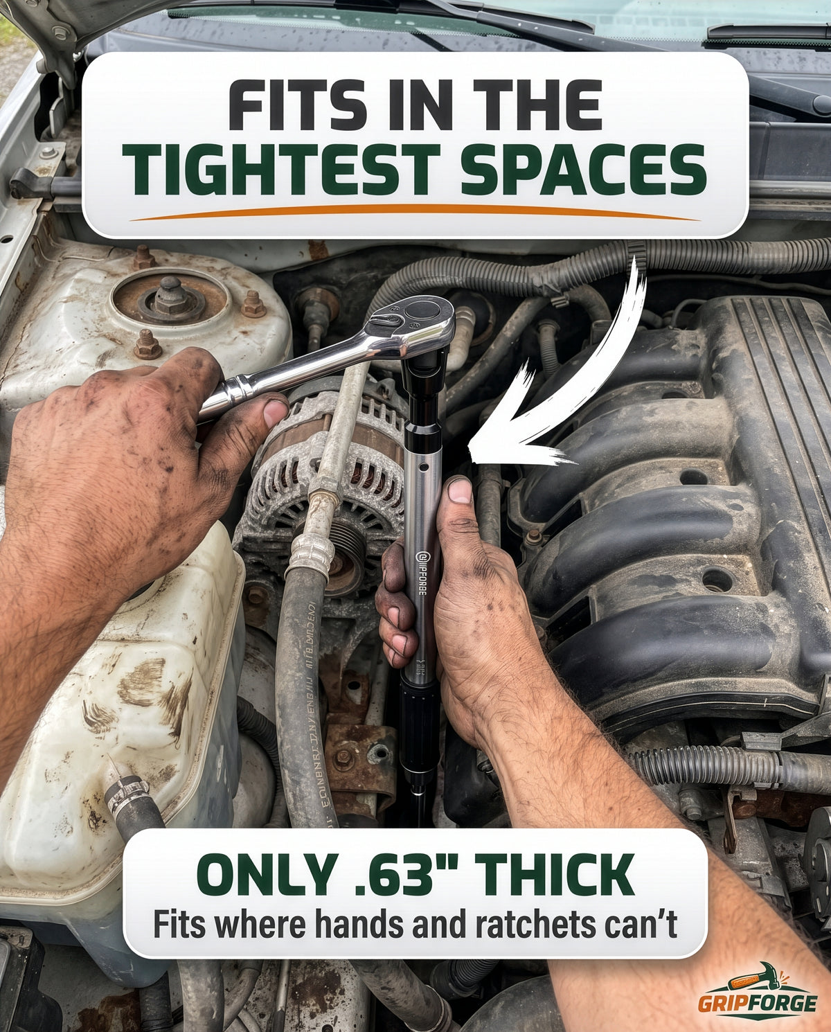 The wrench working a bolt behind an alternator in a packed engine bay
