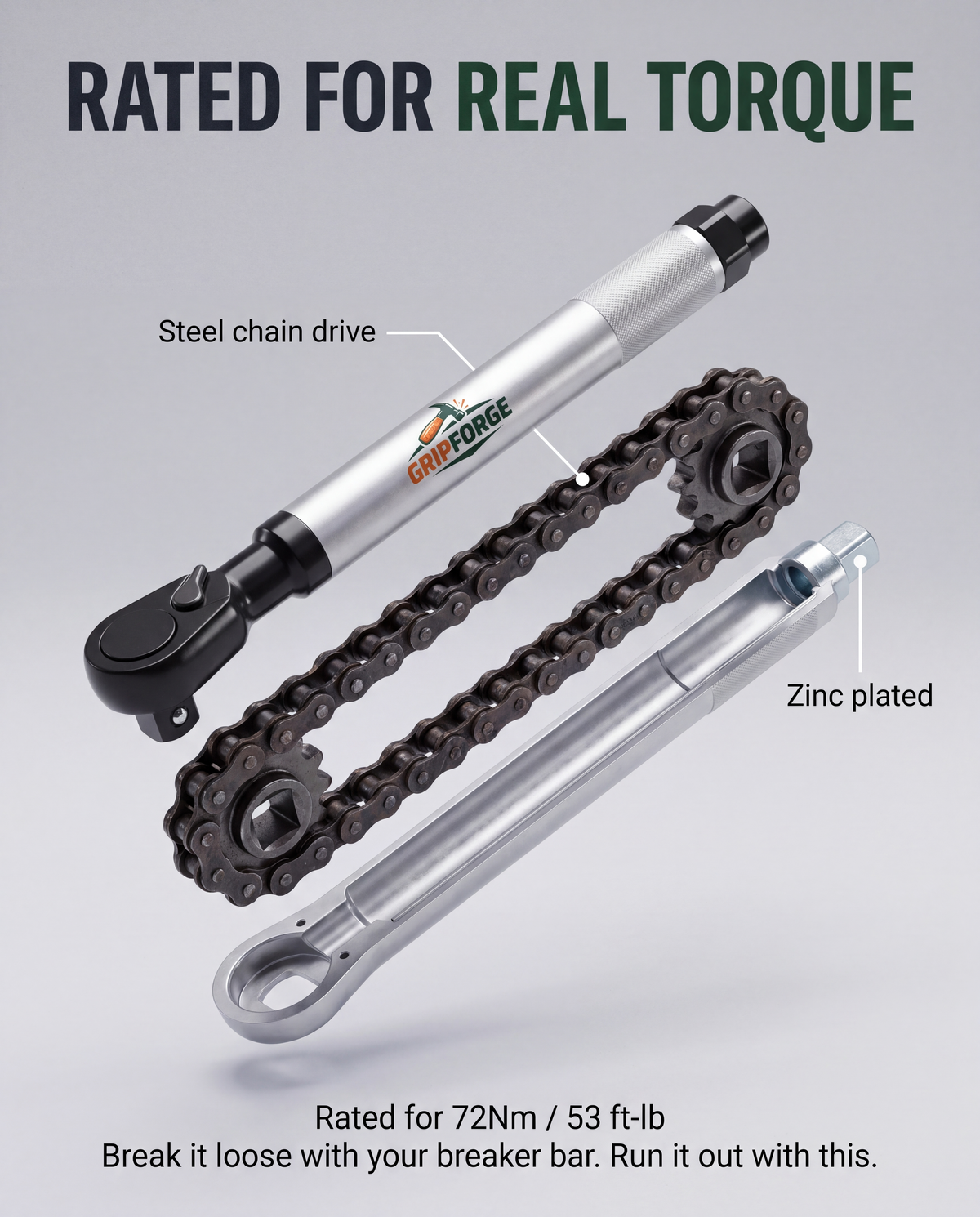 Cutaway showing the sealed steel roller chain running between two square-drive sprockets, rated to 72 Nm / 53 ft-lb