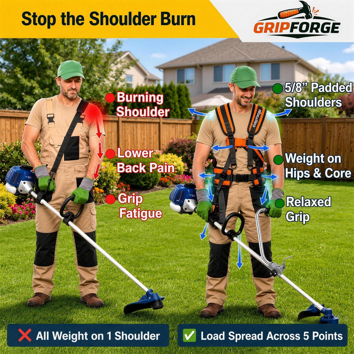 GripForge handle fitted to a string trimmer, used standing upright